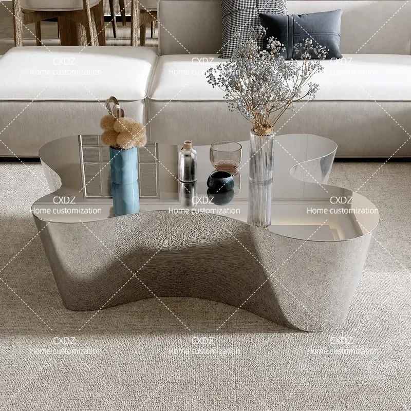 Silver Mirror Coffee Table Water Ripple Irregular Shape Stainless Steel Living Room Furniture Light Luxury Small Apartment