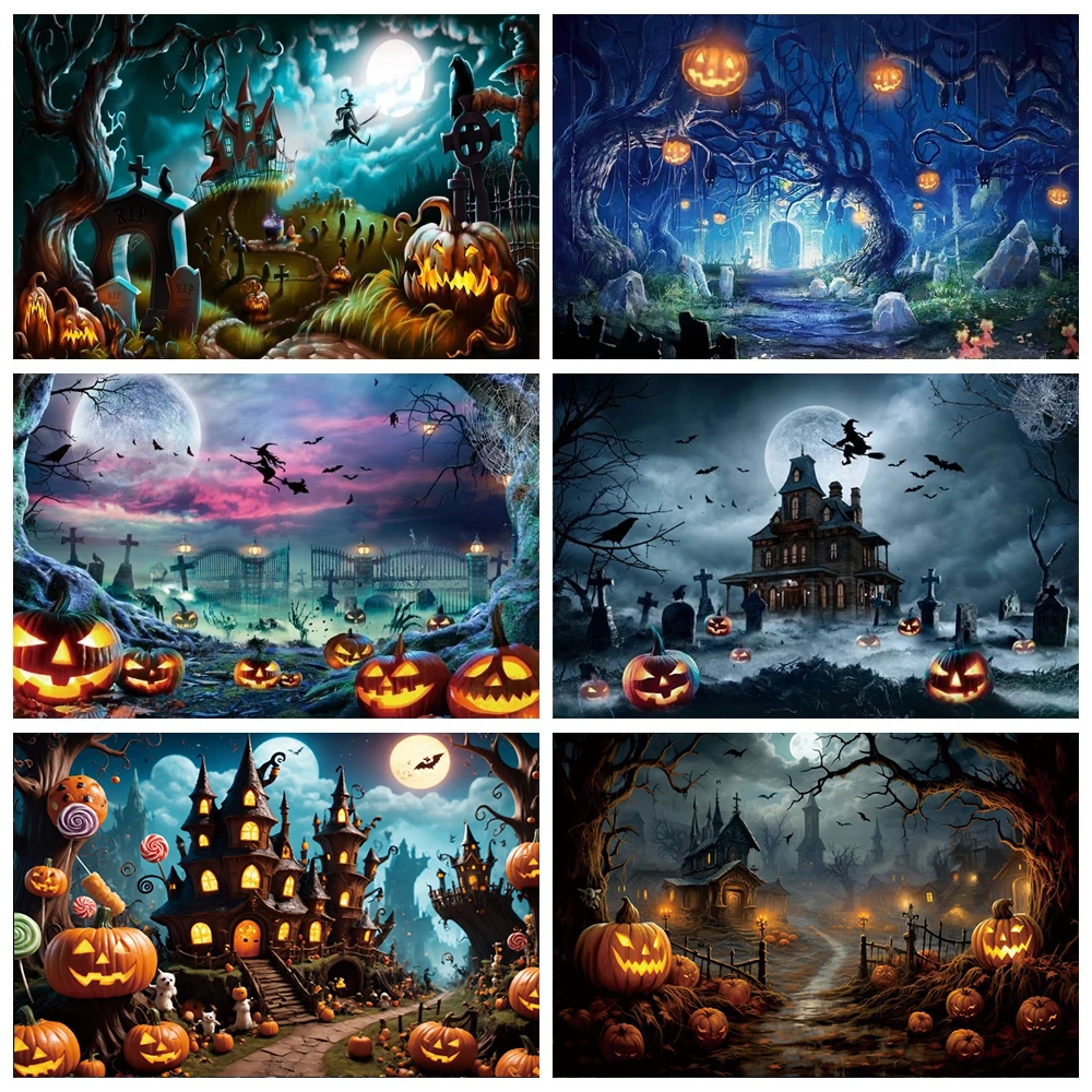 Laeacco Halloween Backdrops Photography Castle Moon Tomb Pumpkin Lights Witch Party Horror Night Theme Background Photo Studio