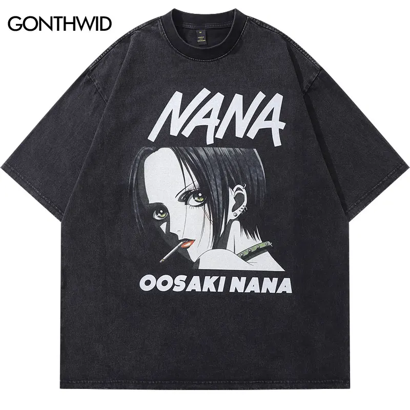 Vintage Black Oversized T-Shirt Japanese Comics Cartoon Oosaki Nana Graphic Print Washed Tshirt 2024 Harajuku Hip Hop Tee Tops