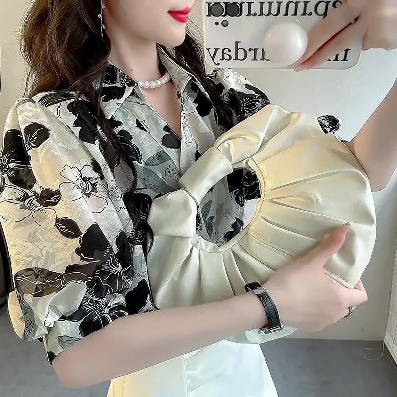 Retro Korean Summer 2024 Women\'s New Spliced Polo Neck Button Printing Embroidery Fashion Casual Puff Sleeve Blouses Shirts