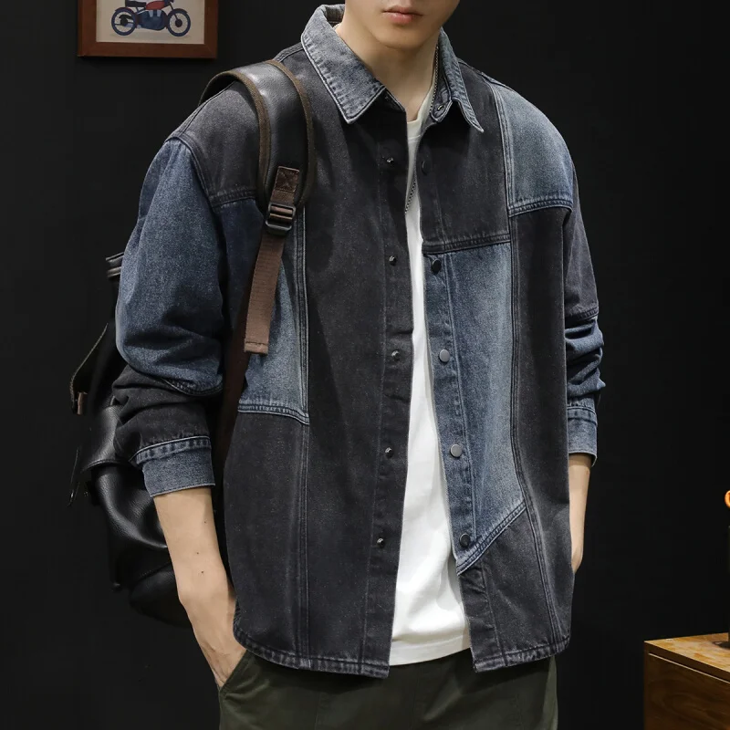 

Trendy Blue Bla Splice Men's Denim irt Jaet Spring Autumn Long Sve Casual Wear Resistant Cotton Blend Faionable
