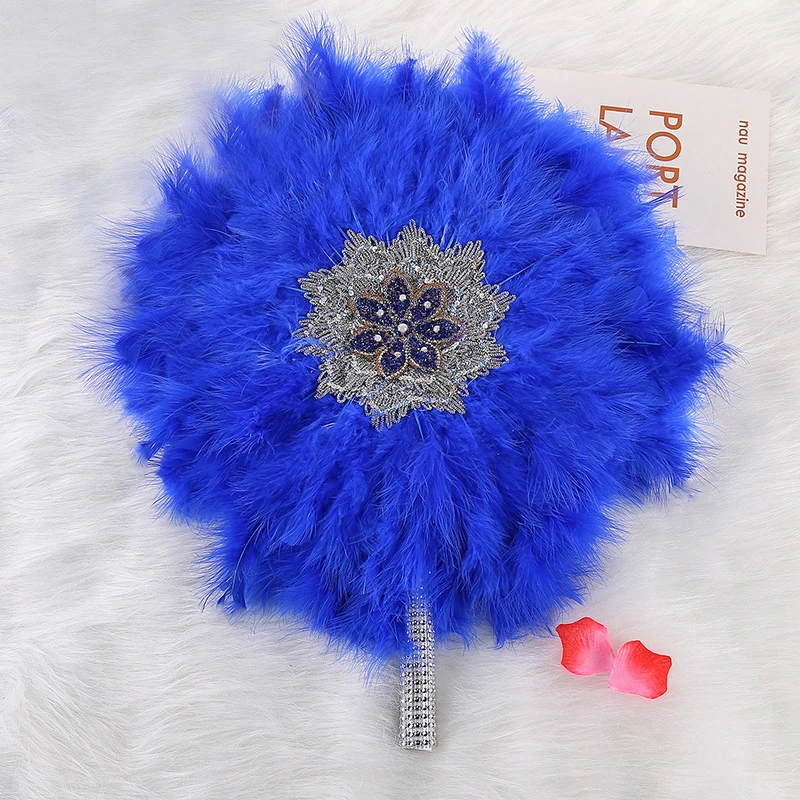 1PC Turkey Feather Hand Fan with Stones Feathers Handfans One-Sided Fan African For Dance Wedding Decoration