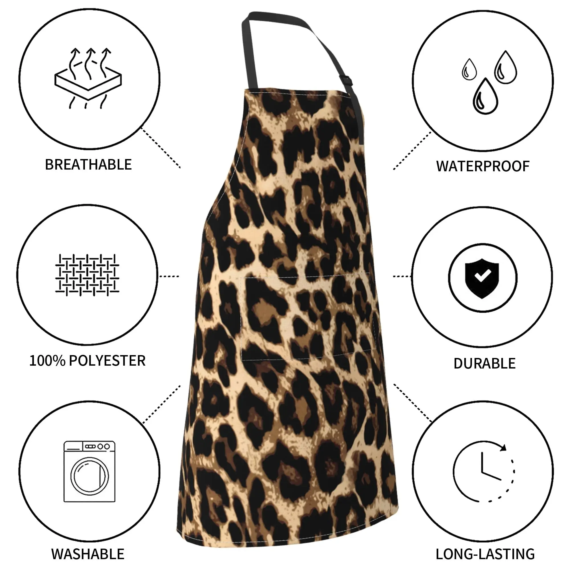 Delantales de piel de leopardo para hombres y mujeres, delantal con bolsillos para cocinar, hornear, cocina, Chef