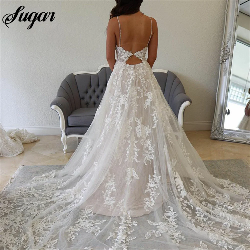 Bohemian Wedding Dress V-Neck Appliques Lace Spaghetti Strap A-Line Beach Princes Wedding Bridal Gown Plus Size robe de mariée