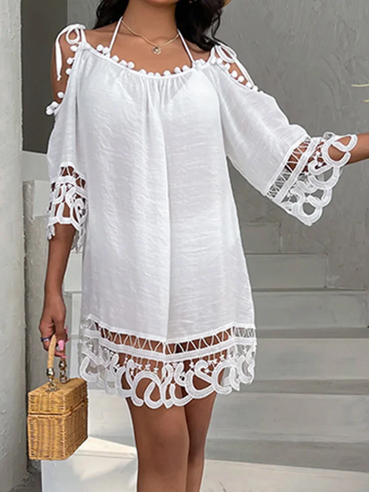 2025 nuevo Bikini de encaje cubrir mujeres ver a través de la playa encubrimientos elegante con cordones Vestido de playa de manga larga ropa de playa de moda de verano