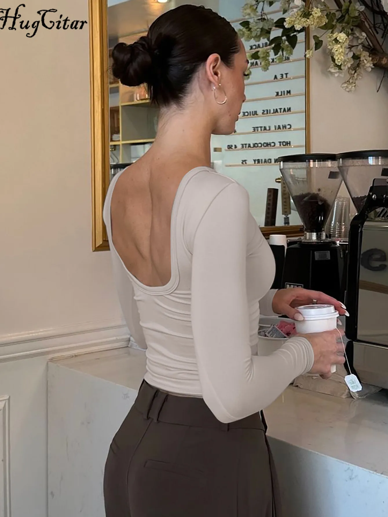 Hugcitar المرأة الأزياء الصلبة س الرقبة عارية الذراعين كم طويل مثير سليم المحاصيل تي شيرت أعلى الخريف عارضة الزي حزب مهرجان نادي