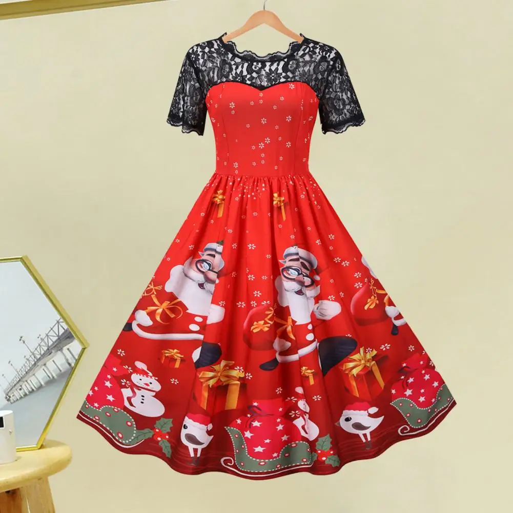 

1Pc Holiday Party Dress Santa Snowflake Print A-line Christmas Dress with Lace Patchwork Holiday Party Dress for Evening Wear