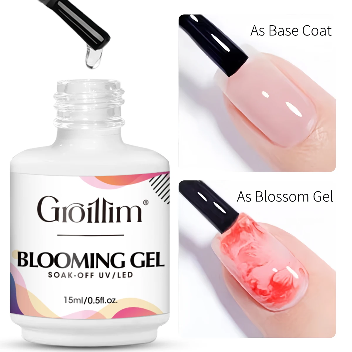 Groillim 15ml LED Gel Nail Polish - Blooming Marble Gradient Base Coat and Nail Polish, Removable Reactive Color-Changing Gel Na