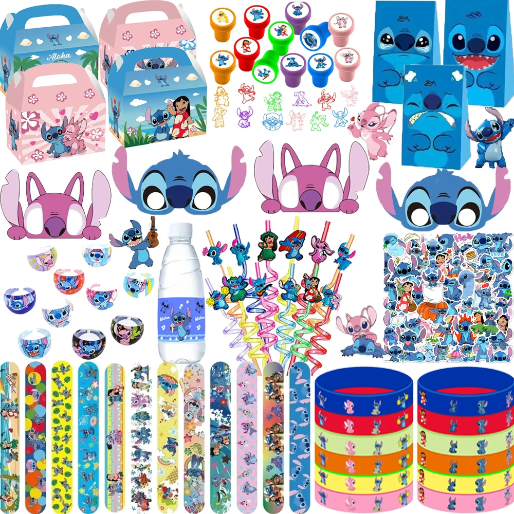 Lilo Stitch Party Gift Supplies Slapping Bracelets Reusable Drinking Straws Stamp Paper Bags Stickers Ring Kids Birthday Party