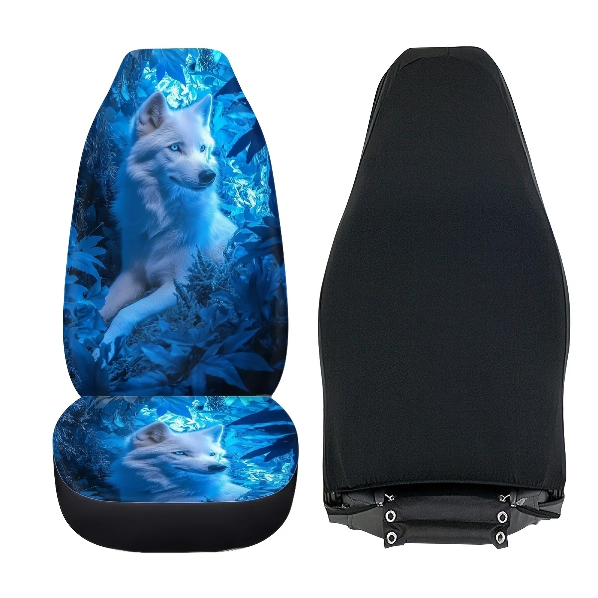 Set Of 2 White Wolf Seat Covers Featuring A Blue Forest Design, Compatible With Sedans, Suvs, And Trucks. They Are Washable And