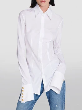 HIGH STREET 새로운 패션 2024 디자이너 여성 긴 소매 플레어 슬리브 화이트 셔츠