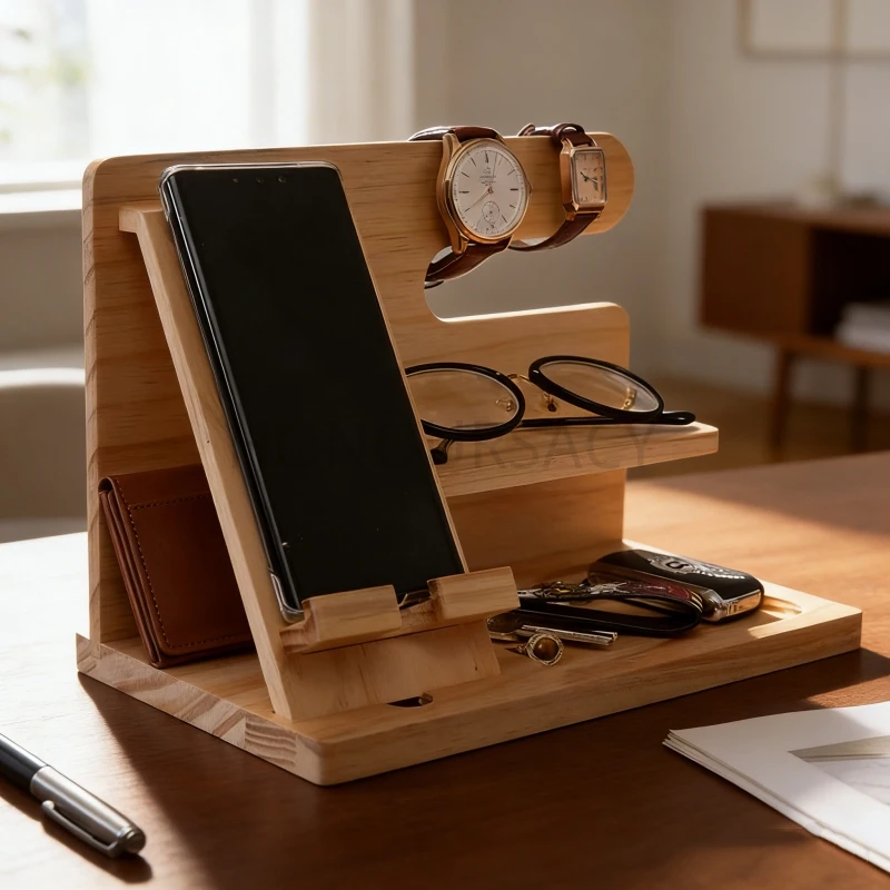 

Деревянная полка для хранения вещей в спальне, многофункциональный органайзер для прикроватной тумбочки, держатель для телефона, часов, очков, наушников, настольный органайзер.