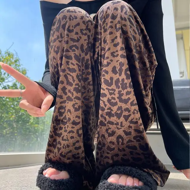 Retro Coffee Leopard Print Casual Pants Women High Waist Loose Long Pants