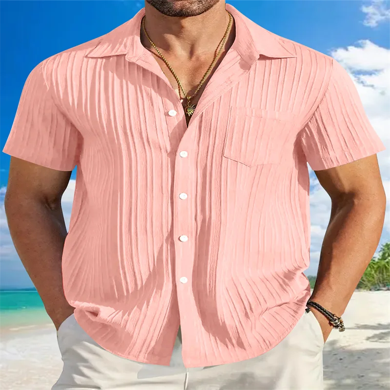 

2025 Spring and Summer Hot Style Summer Hot Style Men's Casual Striped Beach Shirt Urban Lapel Short Sleeve Shirt