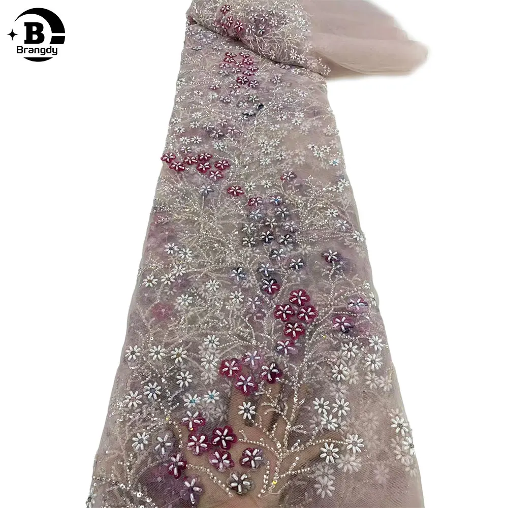 

African Beaded Lace Fabric 2024 High Quality For Wedding Dresses Nigerian Tulle Mesh Luxury Hand Beads Sequin Sewing Material