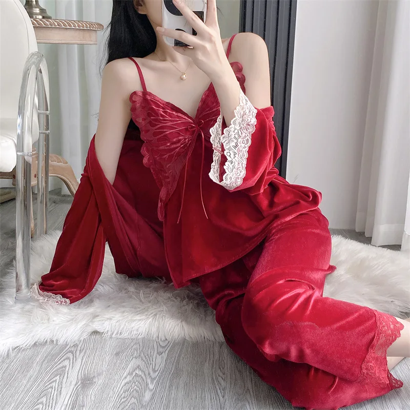 

Sexy Lace Butterfly 3Pcs Sleep Suit Velour Pajamas Soft Velvet Nightwear Top&pants Women's Winter Autumn Home Clothes