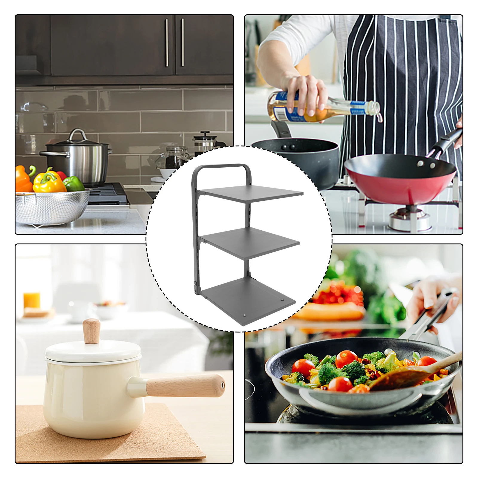 

Collapsible Pot Rack Carbon Steel Foldable Kitchen Storage Organizer Multi-Layer Pan Shelf Countertop Spice Rack for Home Use