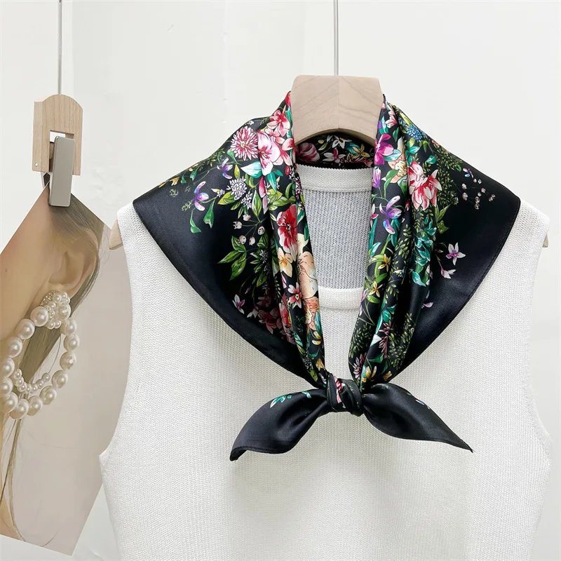 Flower Mulberry Silk Scarf Women Square Accurate Hem Bandanas Top Accessories Square Head Neck Shawls Scarves Foulard Female