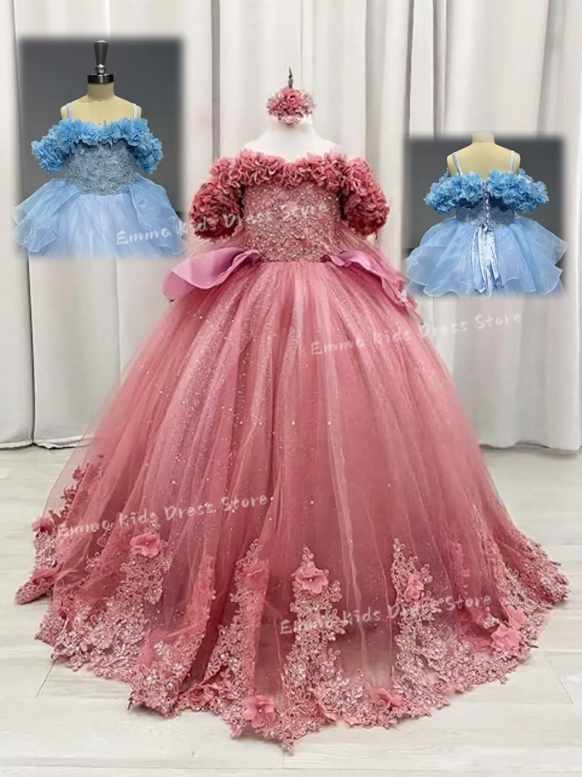 Custom lace and beaded flower girl dress with thin straps, sparkling fluffy tulle gown, suitable for young girls to attend birth