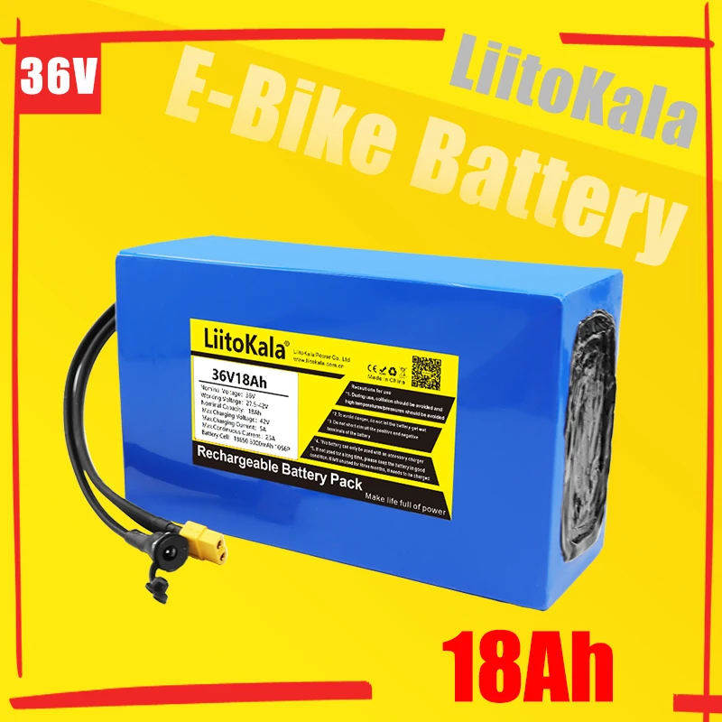 LiitoKala 36V18Ah Electric Bike Battery Built in 20A BMS Lithium Battery Pack 36 Volt with 2A Charge Ebike Battery