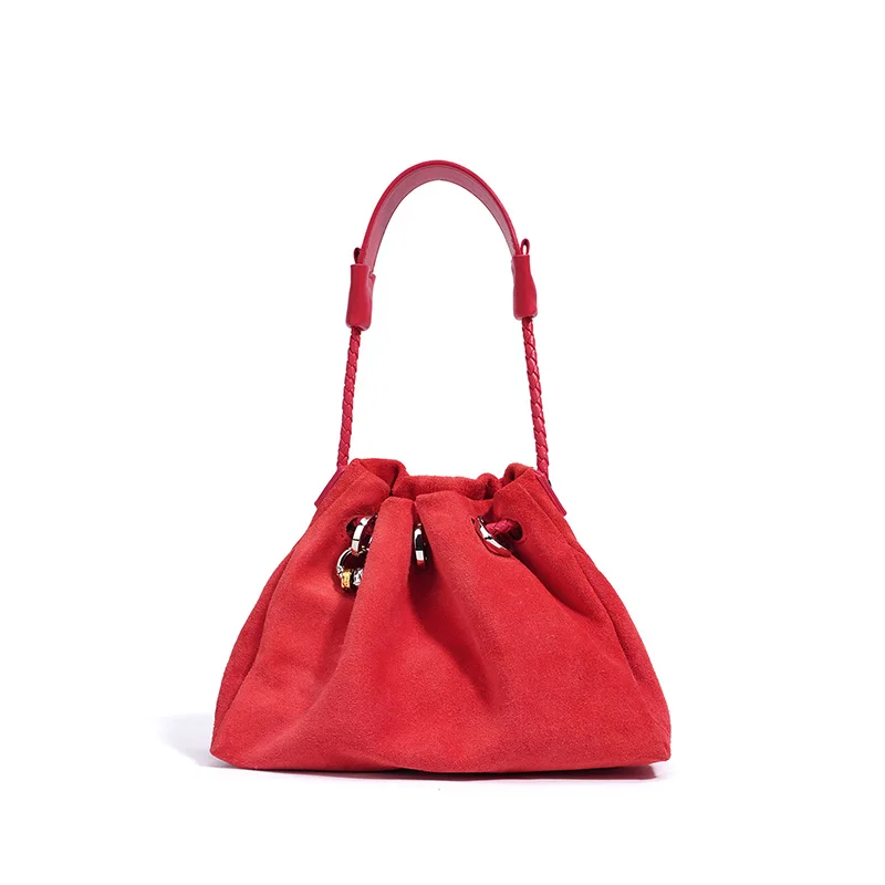Designer-Umhängetasche aus Rindsleder und Wildleder, Glückshandtasche aus echtem Leder mit Kordelzug, lässige Cloud-Plissee-Umhängetasche für Damen – Detail 18