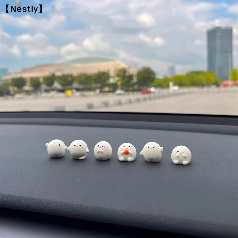 6pcs Funny Cute Round White Elf Resin Craft Miniature Figure Tiny For Car Center Console Navigator Decoration〔Nest〕