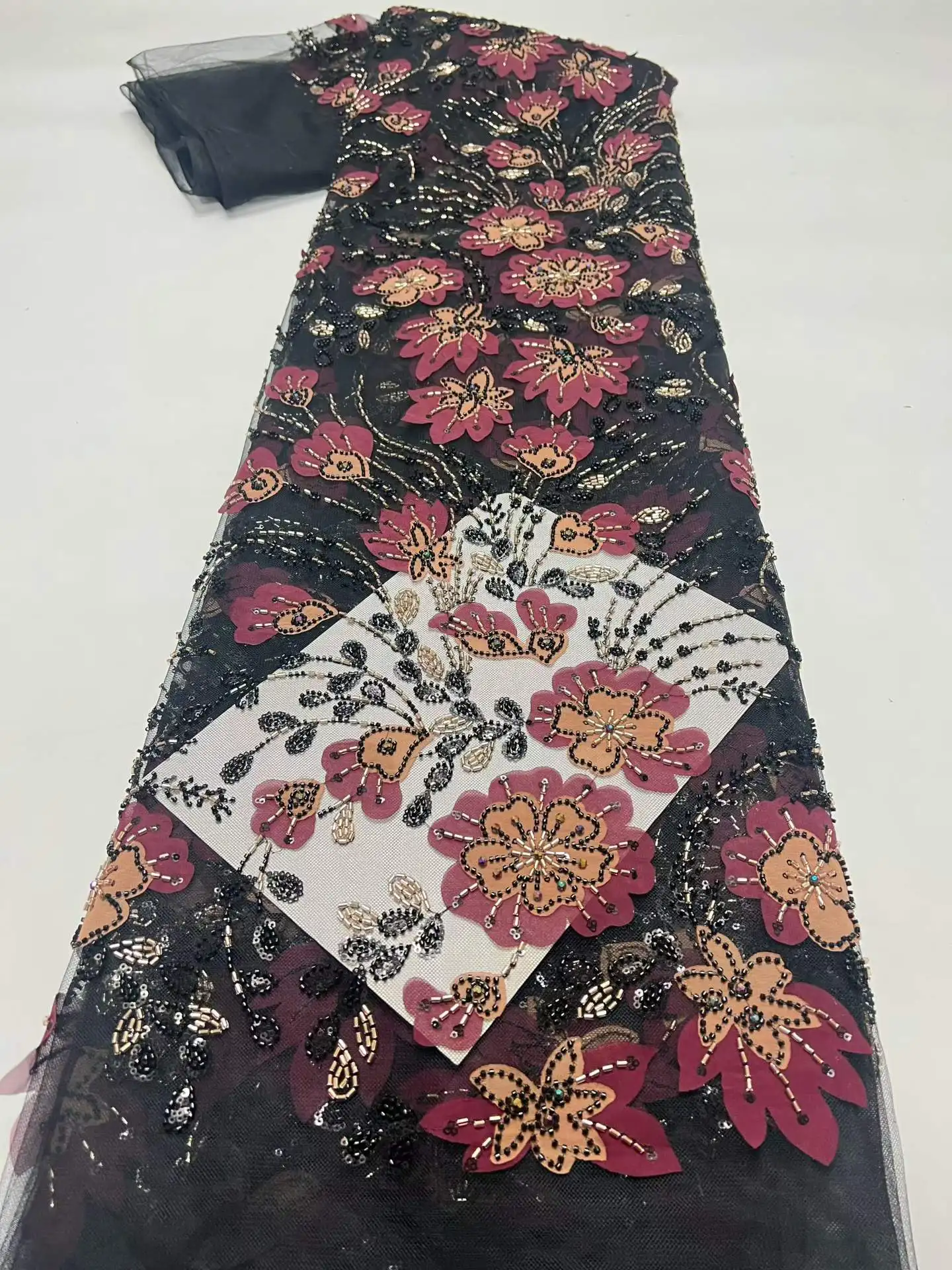 

SJ Lace High Quality French Lace Fabric 2026 African Beaded Embroidered Nigerian Sequins Tulle 5 Yards for Sewing Party Dresses