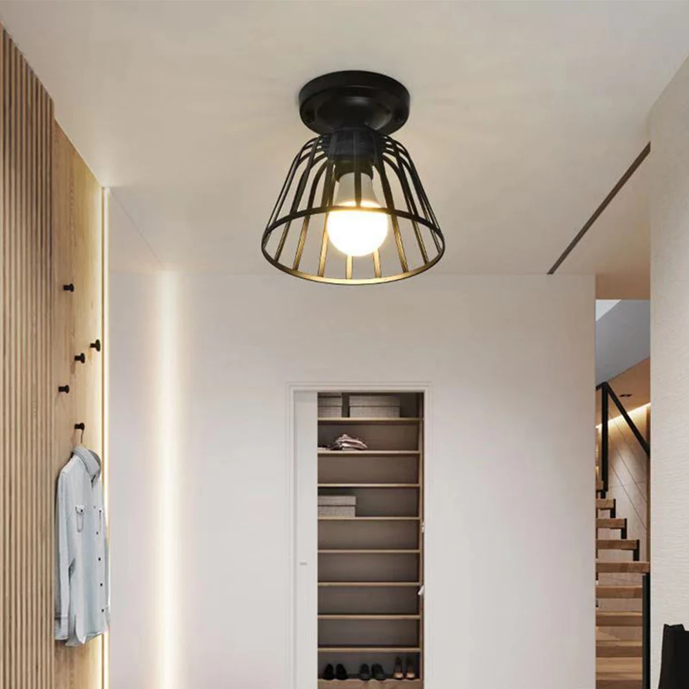 LED Ceiling Lamp for Corridor Aisle Cloakroom Black Wrought Cage Light Modern Chandelier Hallway Balcony Home Light Fixture Deco