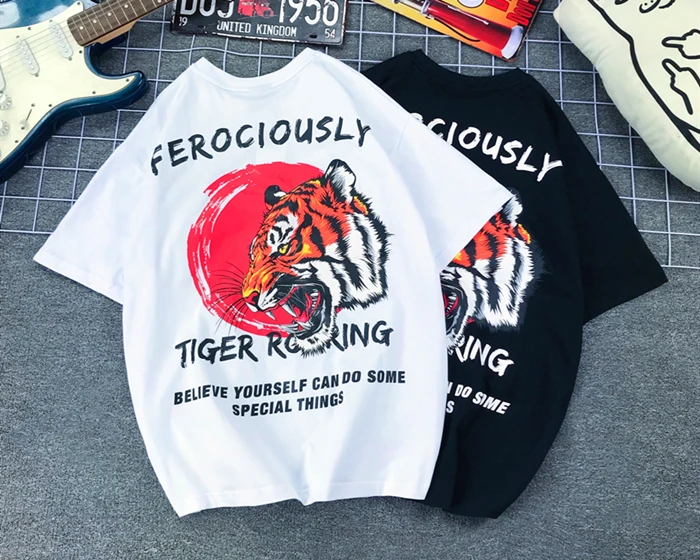 

Japanese Printed Tiger Head Japanese Retro Hip-hop Tiger Print Large Size Cotton Locomotive Short-sleeved T-shirt for Men Women