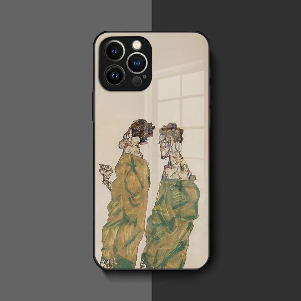 Egon Schiele Art Phone Case for Iphone 16 15 14 12 11 13 Pro Max Mini 8 X Xr Xs Puls Black Glass Cover