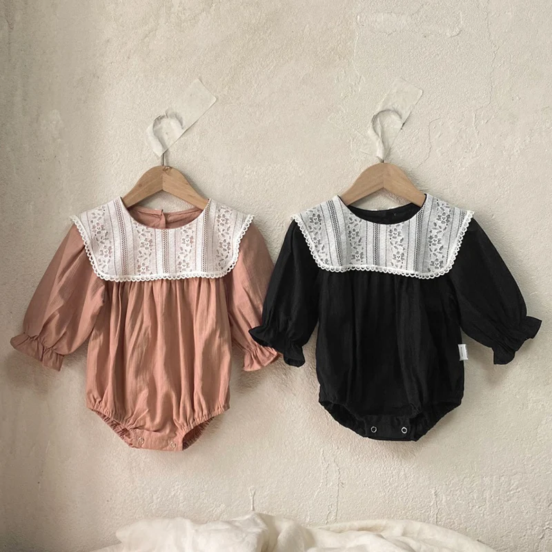 2024 New Autumn Korean Style Climbing Suit Long Sleeved Cotton Lace Splicing Newborn Baby Girls Bodysuits 0-24M Children Clothes