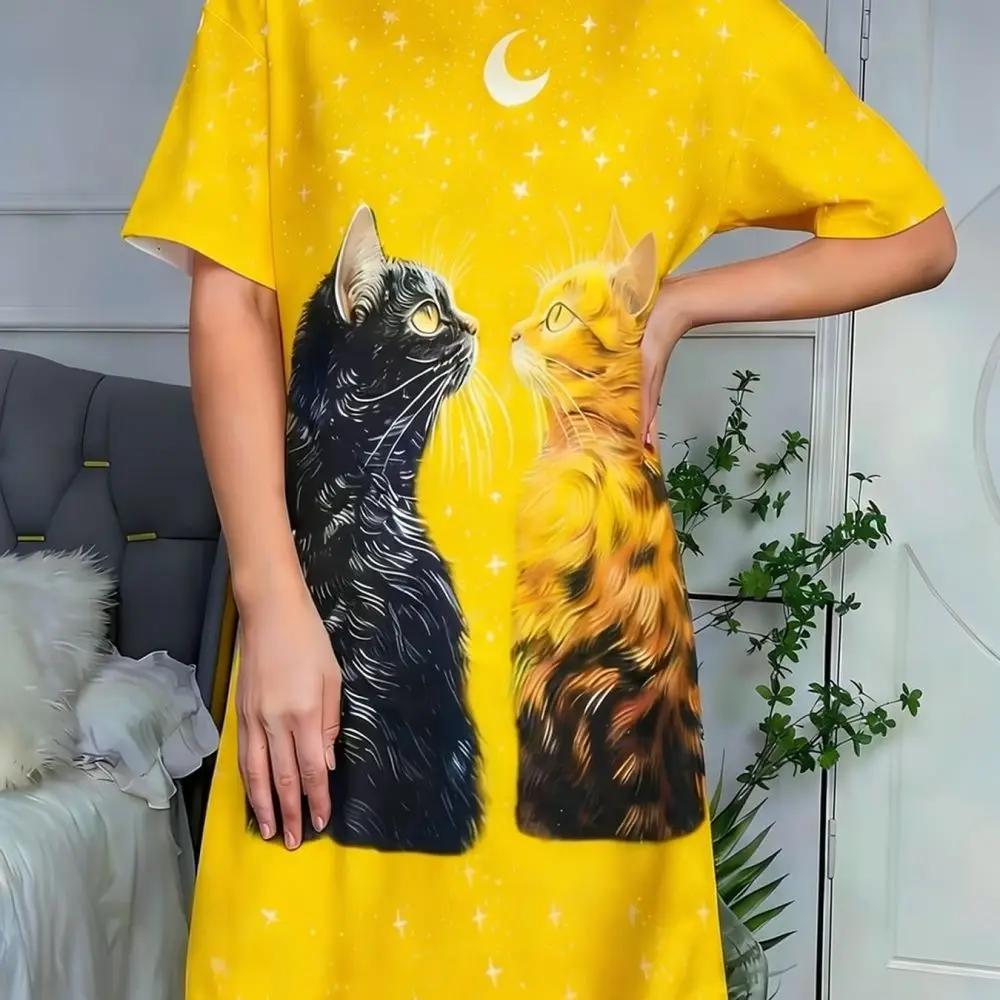 Short Sleeve Dress Women Summer Casual Cute Cat Print Loose Aesthetic Milk Silk Fabric Street Style Daily Trendy Apparel