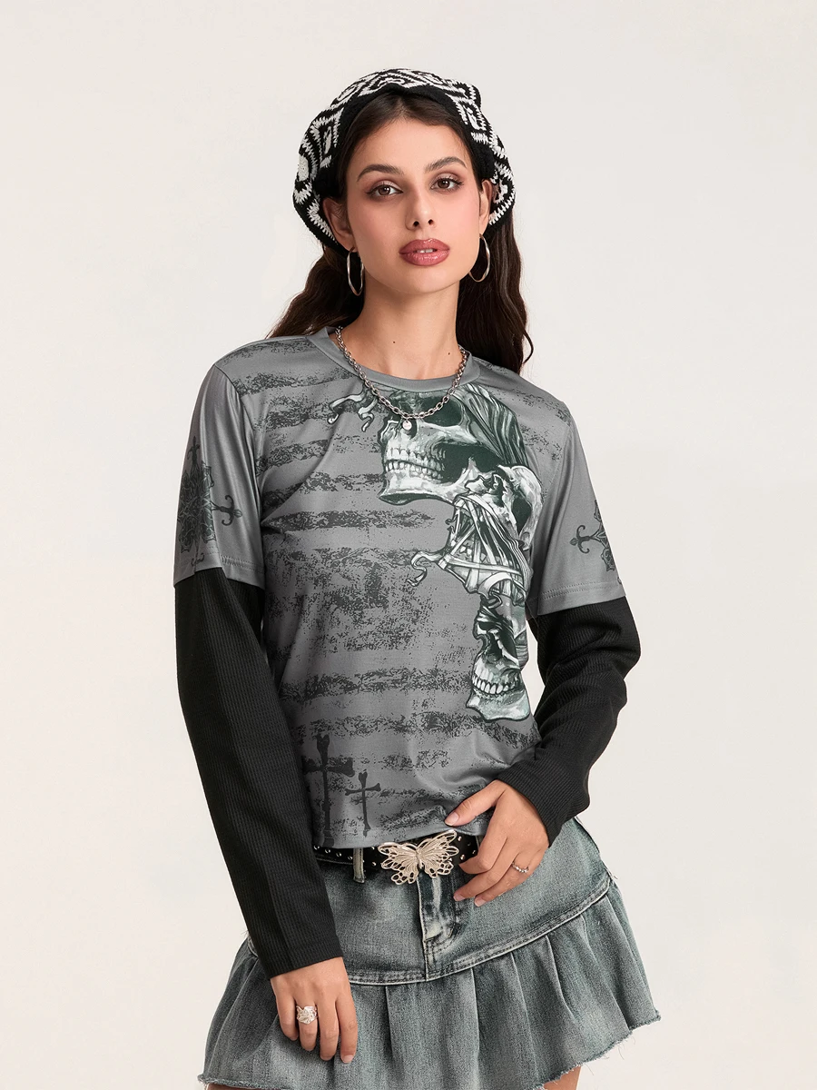 Women’s Skull Print Grunge T-Shirts Gothic Long Sleeve Round Neck Loose Fit Tops Fall Blouses