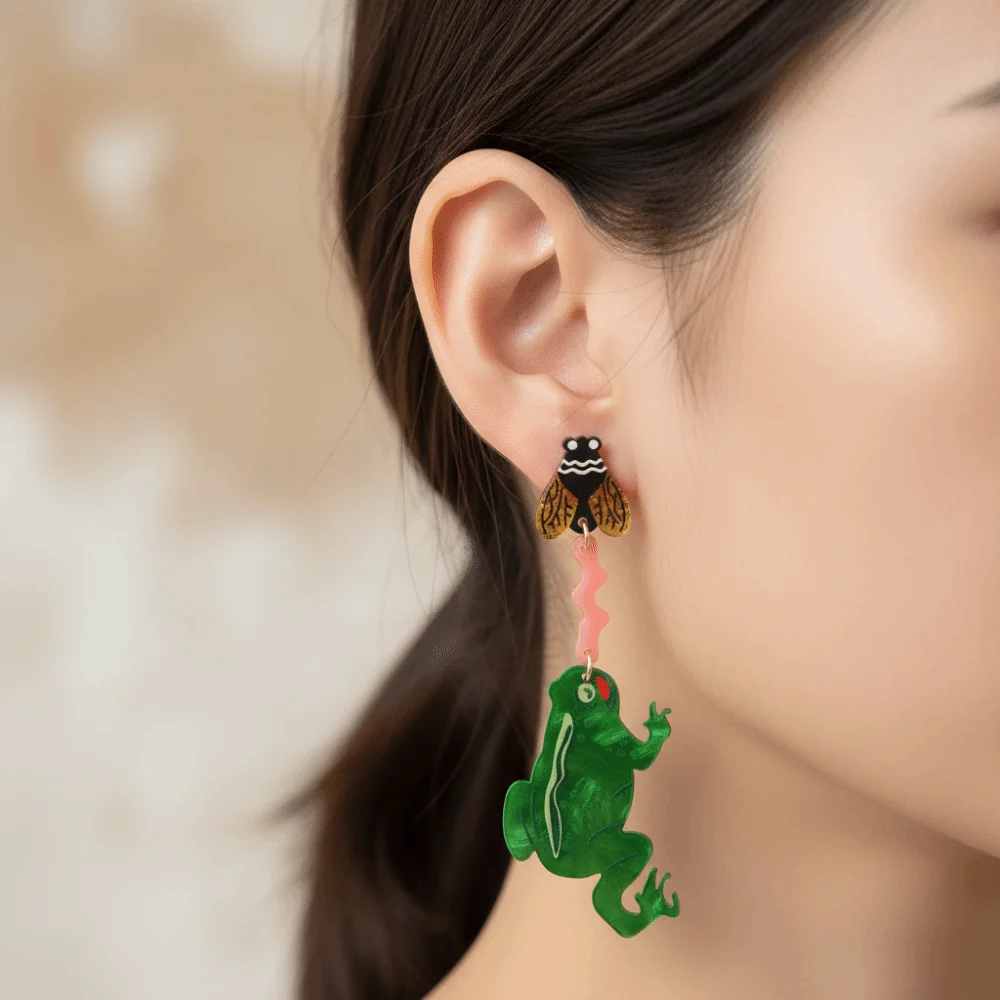 Personality Eating Flies Frog Acrylic Earrings Mosquitoes Insect Form Frog Acrylic Earrings Exaggerated Interesting