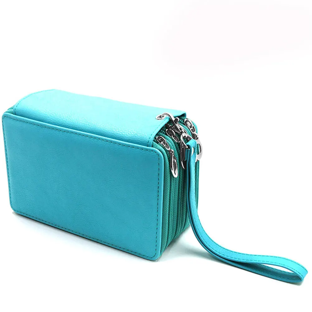Premium PU Pencil Case Pen Storage Bags Handle Easy Carry Travel Coloring Art Supplies Green Large Capacity