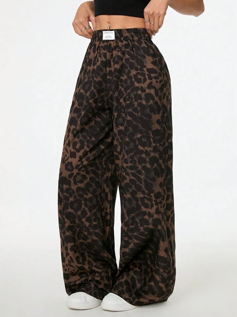 2025 Autumn New Hot Selling Sports Style Leopard Print Casual Mid Waist Loose Leg Pants for Women