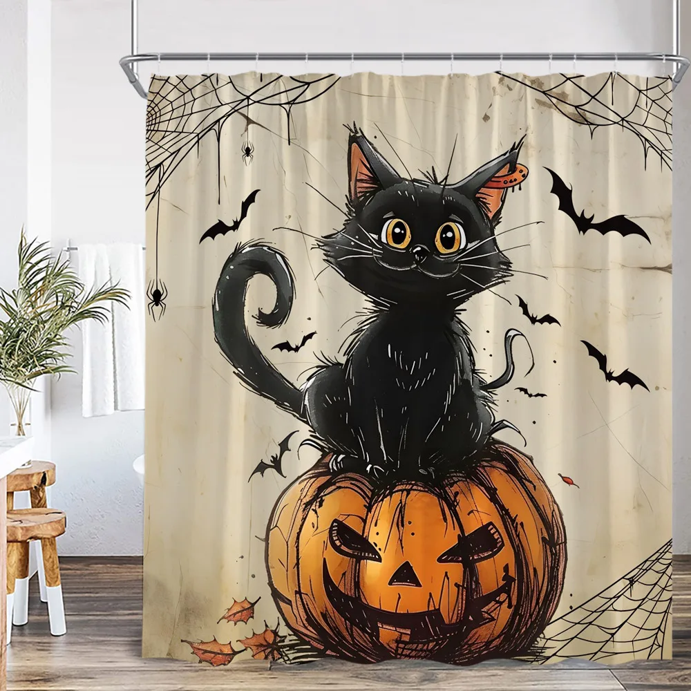 Funny Dog Cat Happy Halloween Shower Curtain Cute Wester Ghost Pumpkin Lantern Haunted House Scary Bathtub Curtain for Bathroom