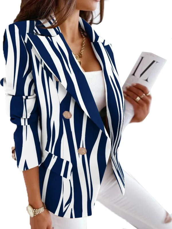 Fashion Slim Fit Plaid Print Double Breasted Suit Jacket Small Outerwear Cardigan Women's Business Casual Wear Polyester Fiber