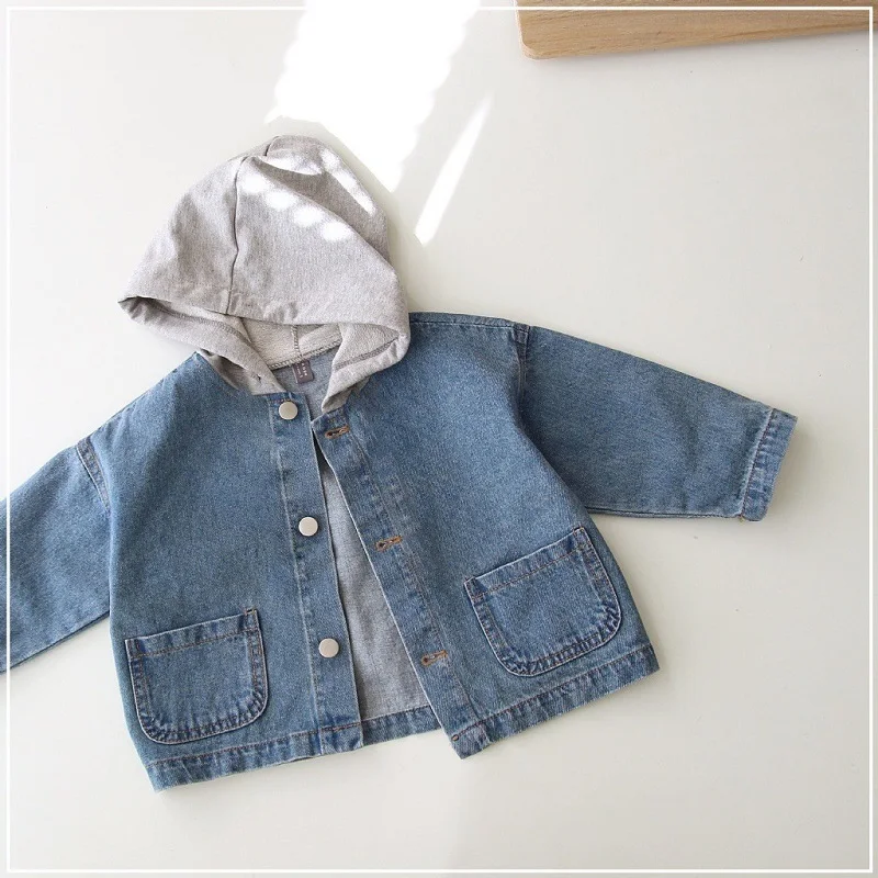 New Children's Coat Spring and Autumn Fashionable Girls' Cowboy Coat Casual 0-6 Year Old Solid Color Boys' Hooded Coat