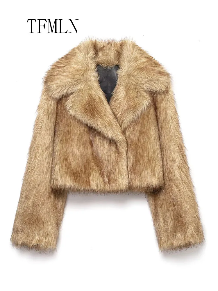 TFMLN 2025, Herbst Winter Frauen Faux Pelz Abgeschnitten Jacken Luxus Drehen Unten Kragen Dicke Kausalen Mäntel Mode High Street Outwear