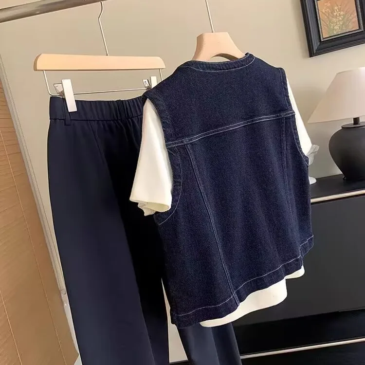 Faionable Deep Blue redondo Ne ort Denim Vest Feminino Verão High-End Sensation Layering Versátil Svel Tank Top Ja...