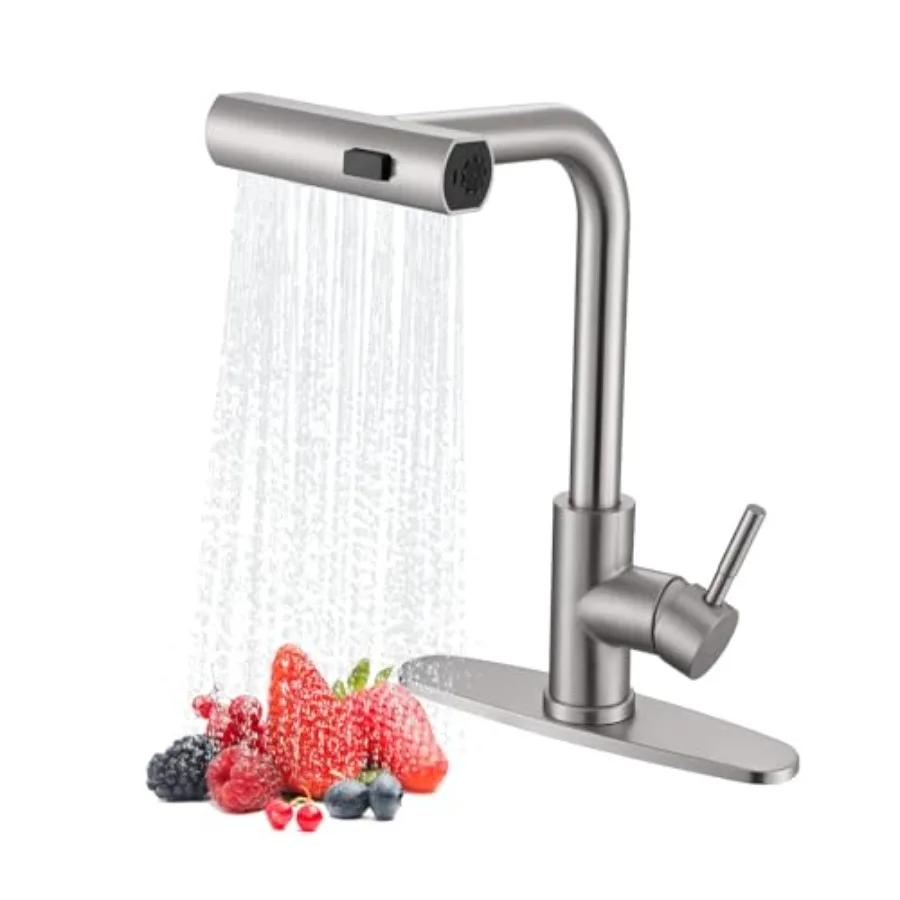 

Waterfall Kitchen Faucet with Pull Down Sprayer Single Handle Kitchen Sink Faucet with Deck Plate Fits 1 or 3 Hole for Bar RV L