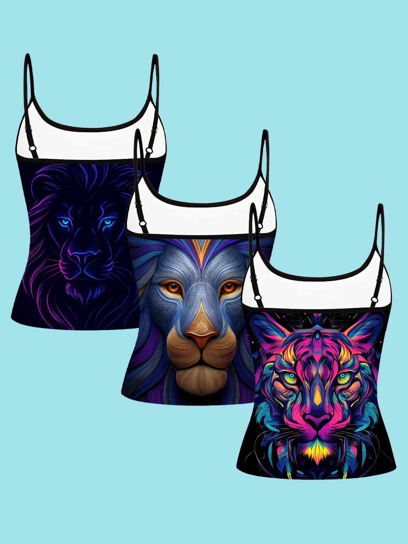 3-Piece Set of Neon Colorful Beast Head Print Camisole Tops for Women, Summer Slim-Fit Spaghetti Strap Personalized Inner Wear