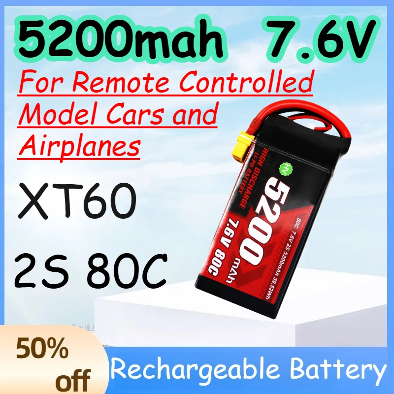 

Аккумулятор LiPo 5200 мАч 80C 7.6В 2S с разъемом XT60 для радиоуправляемых моделей автомобилей и самолетов
