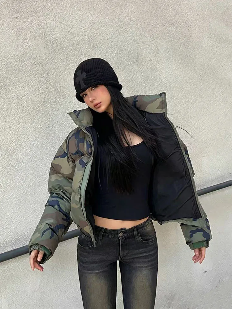 Vintage Camouflage Crop Parkas for Women Winter Warm Loose Long Sleeve Padded Coat Y2K American Streetwear Warm Down Outerwear