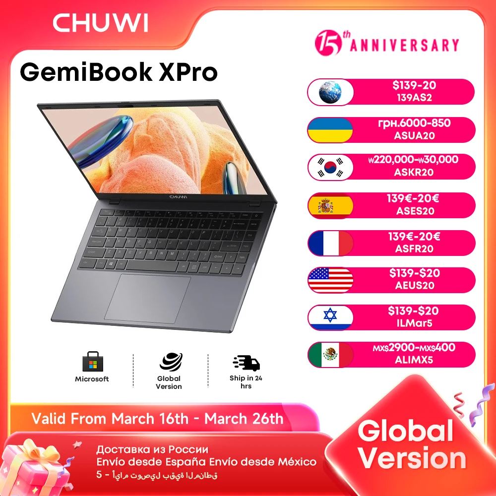 CHUWI-ordenador portátil GemiBook XPro de 14,1 pulgadas, gráficos Intel N100, pantalla GPU 600, 8GB de RAM, 256GB SSD con ventilador de refrigeración, Windows 11