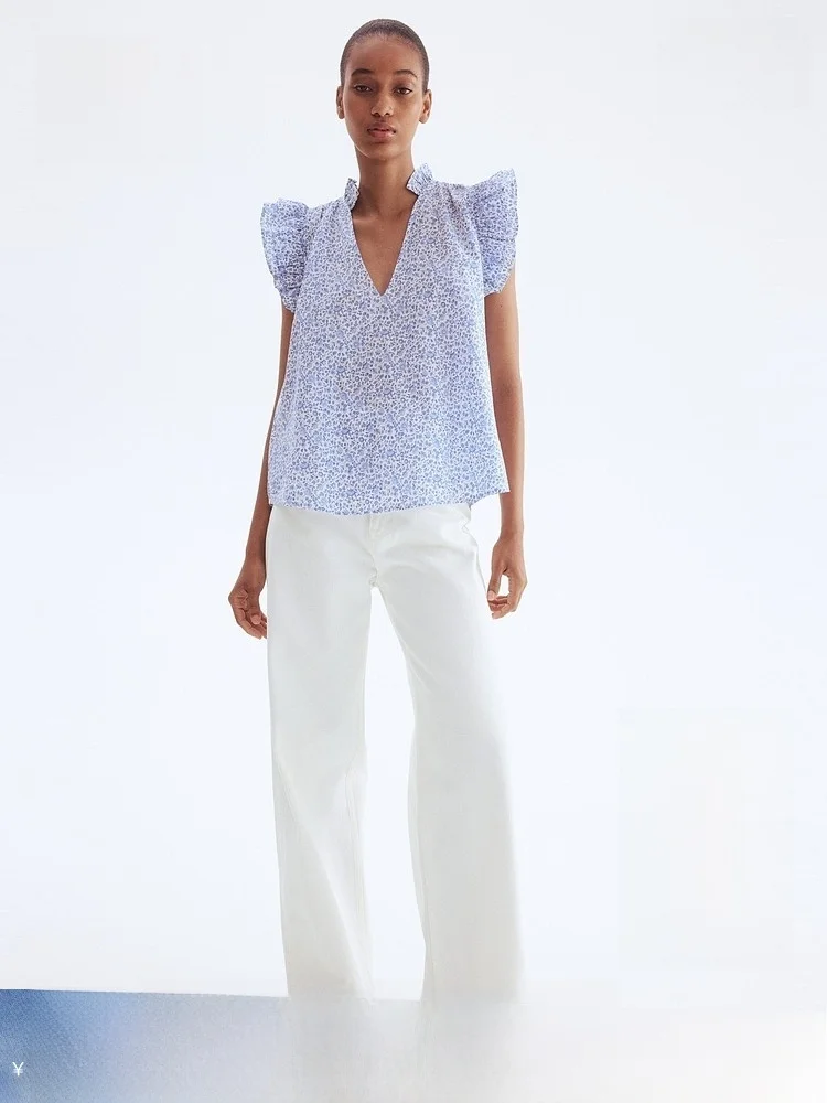 

Sweet Faion Повседневный женский весенний топ с рюшами и воротником-стойкой с цветочным принтом, хлопковый топ прямого кроя ort Sve V-ne H & M 280449