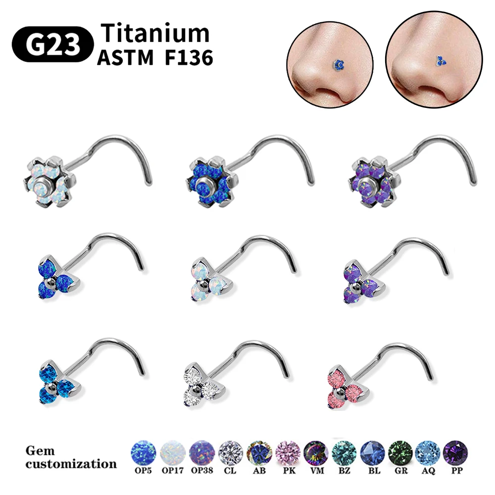 1 Piece Opal Flower Piercing Nose Ring And Ear Studs G23 F136 Titanium CZ  Nose Ring women Body Jewelry girl gift Prevent allerg