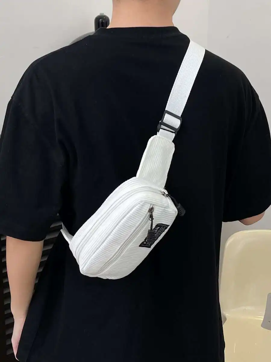 

Белая вельветовая мини-сумка через плечо для мужчин - регулируемый ремень, карман на молнии
