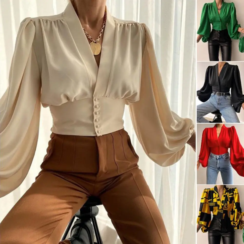 Fashion Women Shirt V-neck Slim Buttons Tight Shrinkable Cuffs Cropped Shirt Lantern Long Sleeve Flower Print Blouse 2022